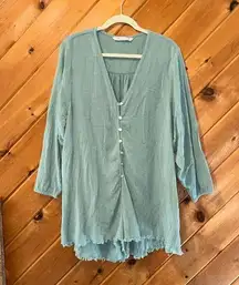 ZARA  long sleeve fringe bottom flowy green button front shorts romper