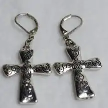 Unique Western Cross Engraved Silver Tone French Clip Earrings Like New