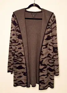 RACHEL ZOE CAMO GREEN BLACK HOODED OPEN FRONT CARDIGAN SZ S