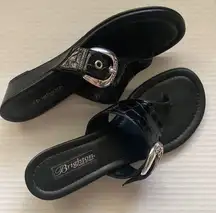 Brighton  ‘Lark’ black croc embossed thong wedge buckle sandals, size 7.5M