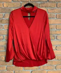 Bold Elements‎ Red Blouse Cutout Mock Neck Long Sleeve Satin Top Womens Size S