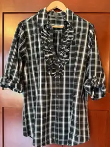 Kenneth Cole Reaction Black and White Checkered Blouse With Ruffles