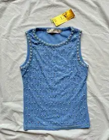 no comment from macy’s blue pearl sequin bead ribbed tank top