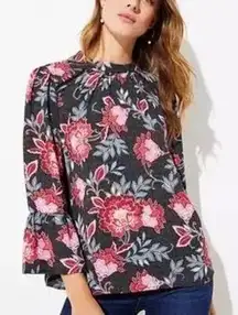 Loft Floral Garden Bell Sleeve Blouse Mock Neck Black Pink Size XL