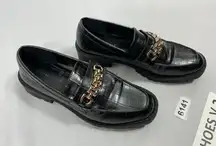 Womans Primark Slipon Chunky Loafers 7 Black Heel Gold Accent