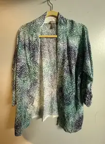 Chico’s women’s sweater blue leopard print 3/4 length sleeve‎ cardigan size 3 xl