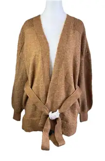 Nine West Cardigan Size M Petite Brown Tan Mesh Long Sleeve Belted Knit Sweater
