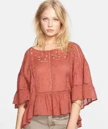 FREE PEOPLE Top Babydoll Rust Beautiful Dreamer Blouse clay short sleeve flowy