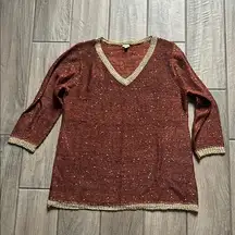 Reba Brown and Gold V-Neck Sweater Relaxed Fit