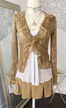 Express Design Studio Early 2000's Ruffle Frilly Tan Brown Silk Blouse Top XS