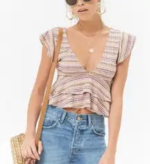 Forever 21 Striped Ribbed Ruffled Sleeve Deep Double V Babydoll 70’s Vibe Top