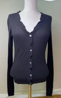 Elie Tahari Women's Silk Cashmere Ruffle Long Sleeve Button Black Cardigan XS