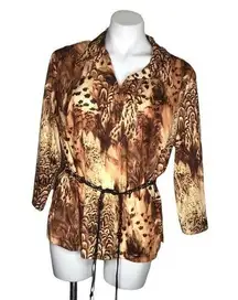 CARAN Animal Print Open Neck Pullover Tunic Top Bead Cord Belt Sash 2X Vintage