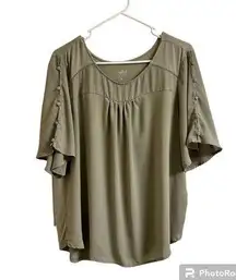 New York And Company Women’s L Olive Green Flutter Blouse Button Flowy