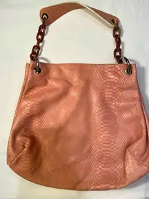 Pink Faux‎ leather bag with tortoise like handle, 12” x 13”