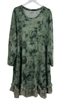 Logo Lori Goldstein dress womens 3X tiered ruffle hem tie dye knit stretch green