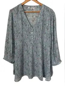 Rose & Olive Sz 2X Blue Floral Semi Sheer 3/4 Sleeve Pleated Blouse Bohemian
