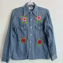 Vintage Natex Folkloric Mexican‎ Embroidered Denim Shirt Eyes Birds Mushrooms S