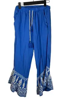 Roller Rabbit Blue Embroidered Trim Cropped Flowy Pants Size XS