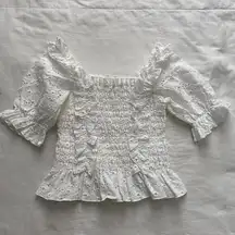 Japanese Brand White Eyelet Ruched Smocked Frill Blouse size XS