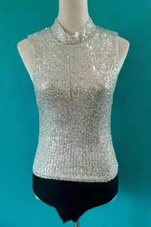 NWT 7 For All Mankind Sequins Bodysuit Silver High Neck Sleeveless Glam Size M