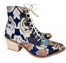 Vintage Satin Floral Embroidered Block Heel Cowboy Ankle Booties