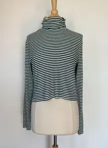 White Black and Blue Striped Ribbed Long Sleeve Turtleneck T-Shirt