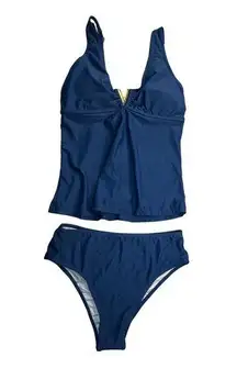 Zaful Women's Medium Blue V Neck Ruched High Waisted Tankini Swimsuit