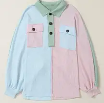 NEW Multicolor Pastel Pink Green Blue Colorblock Patchwork Ribbed Pullover Top