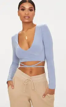 Pretty Little Thing  Powder Blue Slinky Long Sleeve Tie Waist Crop Top Size 6