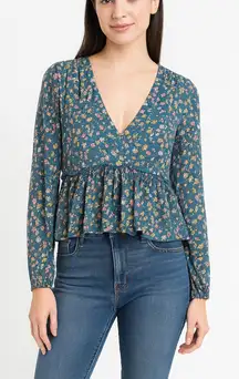 La Hearts Size Large Blue Floral Bohemian Style Blouse