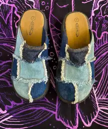 EUC  Vintage Y2K Denim Patchwork Slip on Platform Clogs Size 7