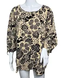 Hot Cotton Shirt Womens 2X Tan Black Floral Flower Casual Work Travel Lagenlook