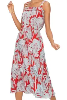 Talbots Oasis Palm Voile Fit & Flare Cotton Midi Dress‎ Red Palm Tree Size 10P