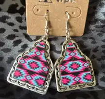 New..Tipi Cow Tag Earrings with Pink and Purple Aztec Pattern