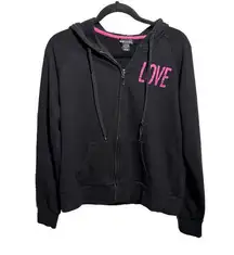 VTG Y2K Wet Seal Black Hoodie Full Zip Hooded Jacket Pink LOVE Sequin Heart Sz L