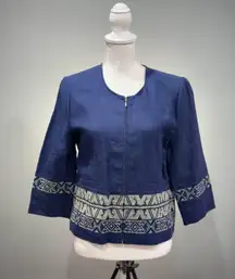 CLEARANCE! Blue  Aztec Trim Zip-Up Linen Blazer Size MP EUC