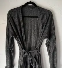 Signature Studio XL Gray Ribbed Knit Duster Cardigan Long Sleeve Belted Career