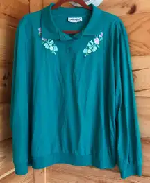 VINTAGE TEAL GREEN FLORAL EMBROIDERED THIN LONG SLEEVE COLLARED THIN SWEATSHIRT TOP