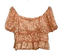 MOA MOA Peach Floral Chiffon Sheer Puff Sleeve Square Neck Crop Blouse Top XL