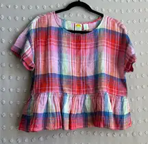 C&C California‎ 100% Linen Cropped Short Sleeve Plaid Top Sz M