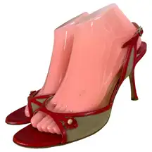 Jimmy Choo Red Leather Flower Sling Back Heels Pumps Stiletto EU 41 US 10 10.5