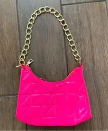 Neon Pink Chain Handle Artificial Patent Leather Quilted Baguette Bag