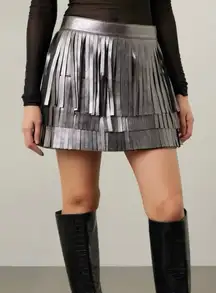 AllSaints Aisha Leather Fringe metallic mini Skirt Size 4