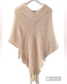 Vintage Poncho SAX Golden Fleck Nubby Knit Fringed Edges Neutral Lagenlook BOHO