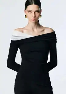 Commense Asymmetric Off Shoulder Long Sleeve Mesh Top Black Women's Size S