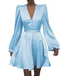 Long Sleeve Light Blue Satin Mini Dress Size M