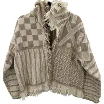 Hand Made Boho Fringe Oversized Cardigan Sweater Jacket Women's Neutral Print