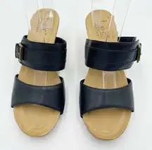 b.o.c. Comfort Black Double Strap Cork Wedges Buckle Slip-on Size 8M