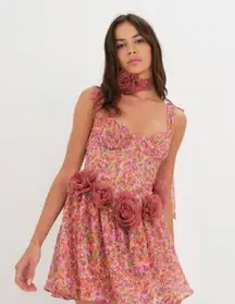 Floral Pink Dress with Rosette Accents